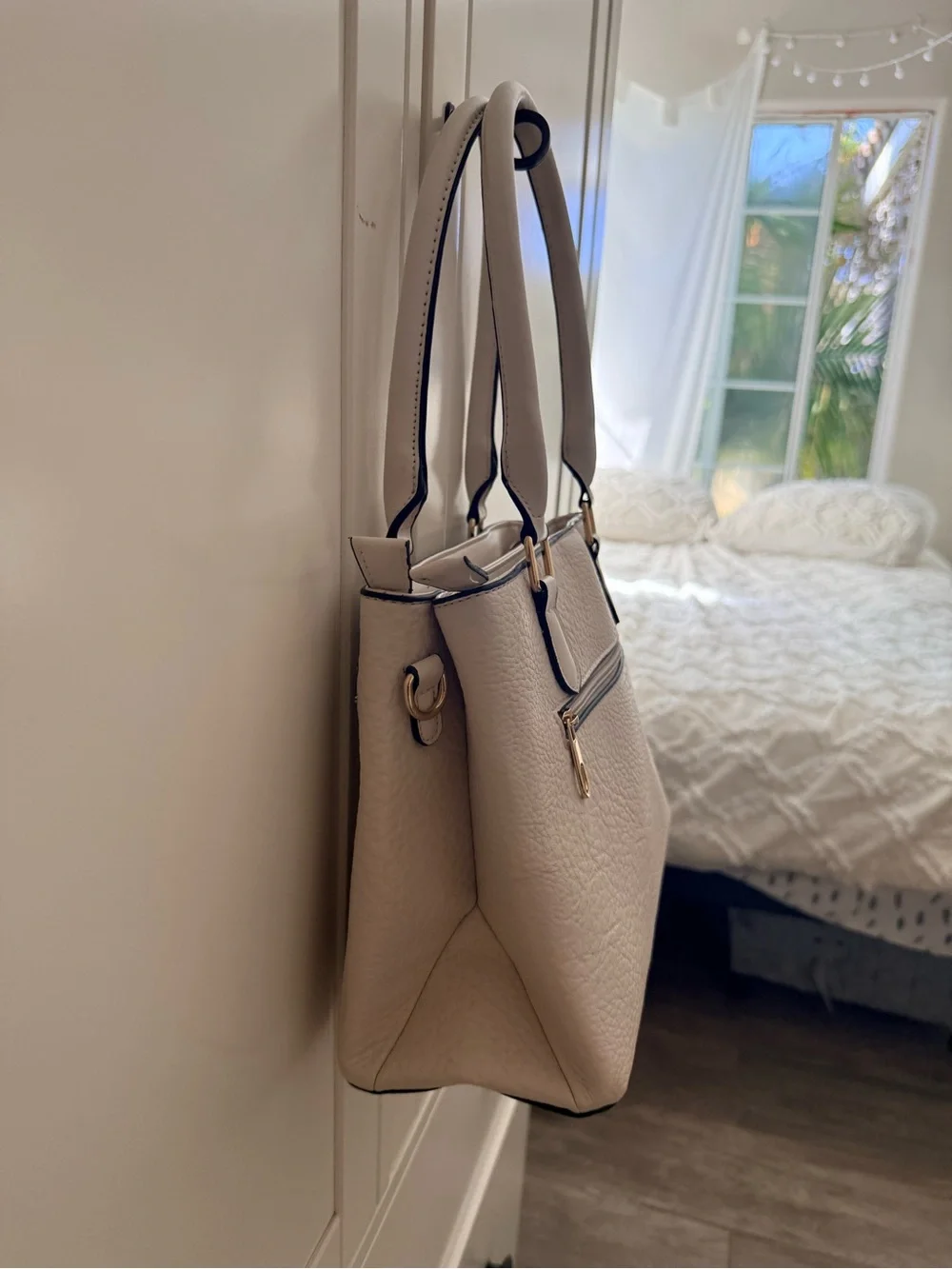 Structured Cream Satchel Handbag with Gold-Tone Accent